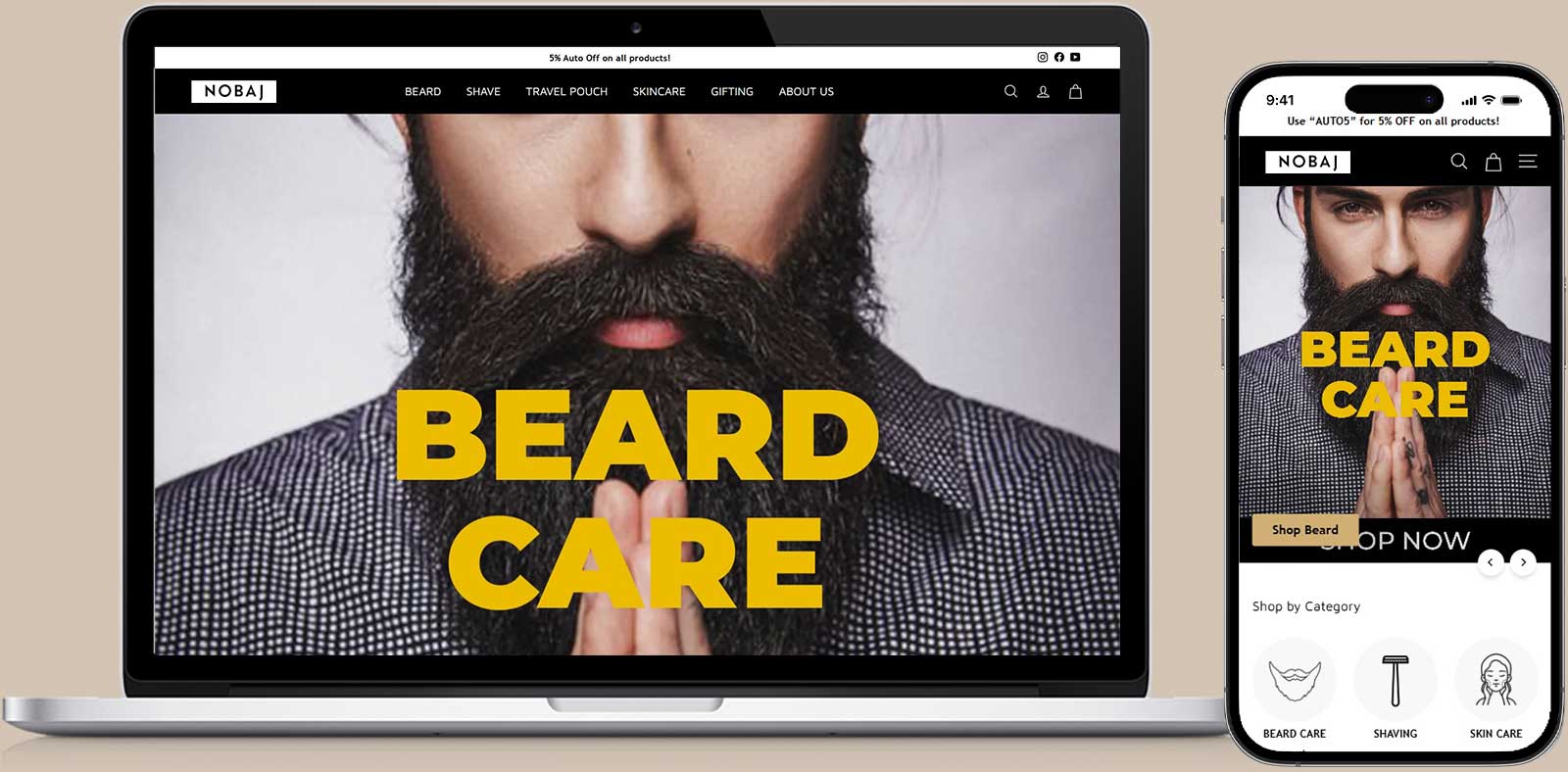 Nobaj beard oil Magento 2 bilingual eCommerce website homepage