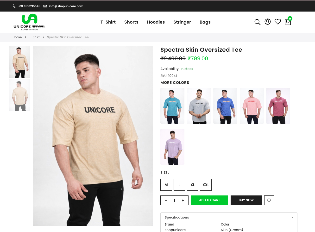 ShopUnicore Magento 2 apparel product page with size and color selection