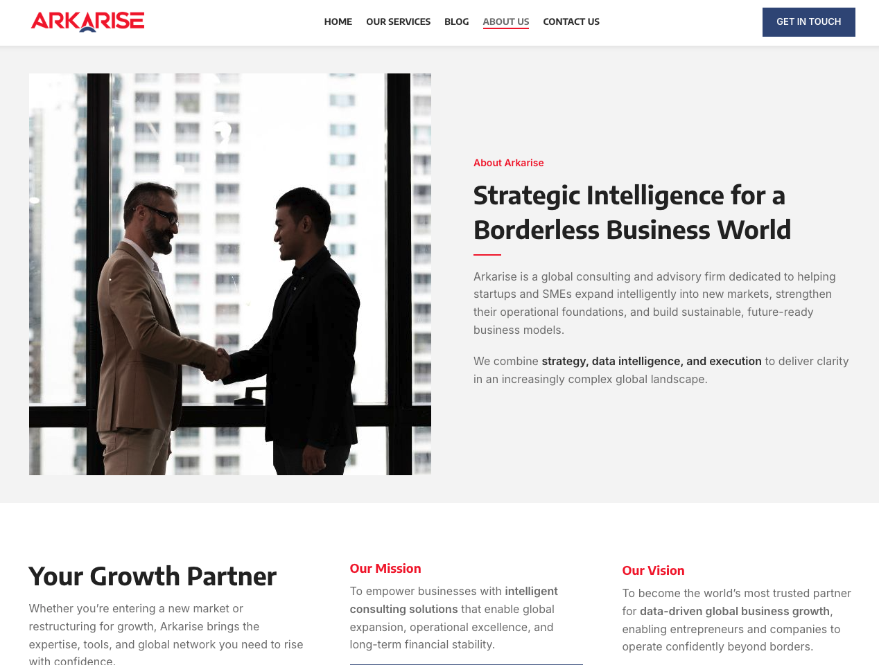 Arkarise WordPress business website browsing experience