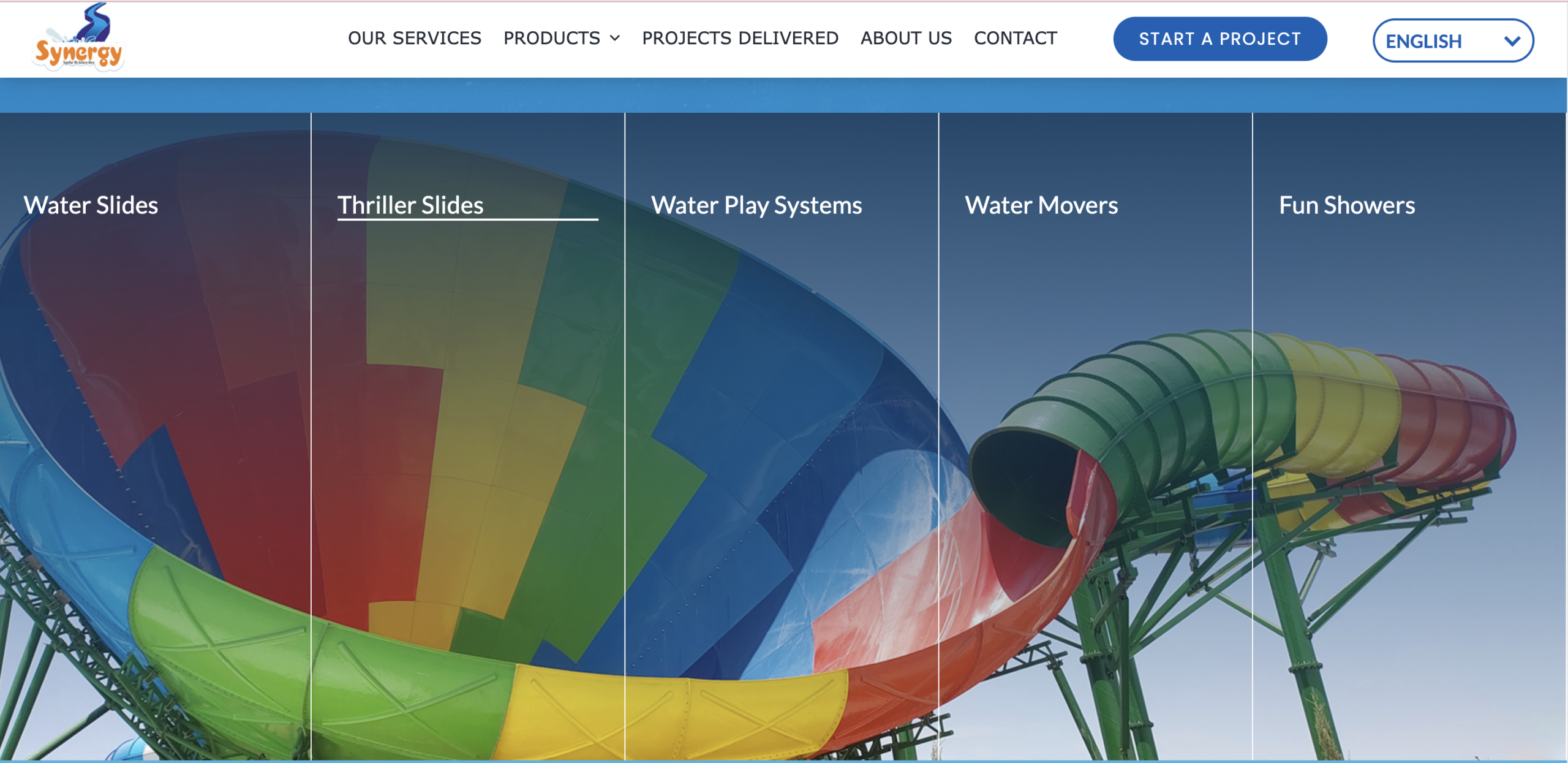 Synergy Waterslides WordPress website for water slide manufacturing and water park attractions
