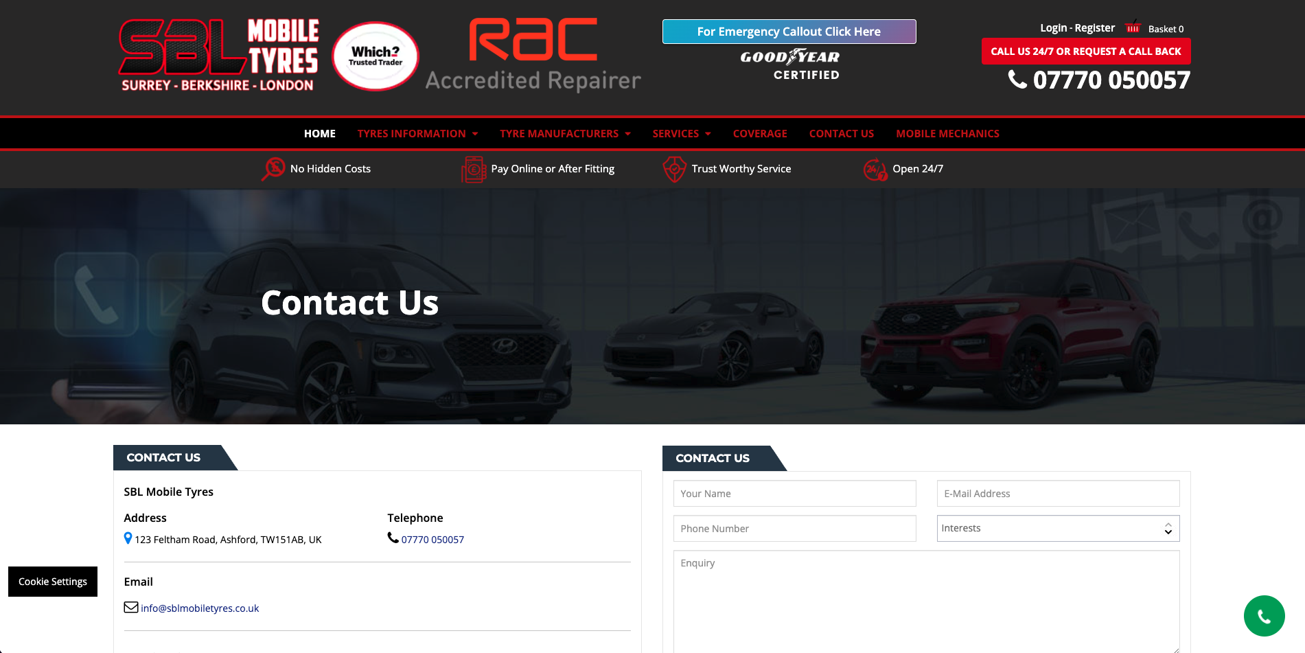 SBL Mobile Tyres website showing tyre finder and mobile tyre fitting booking system