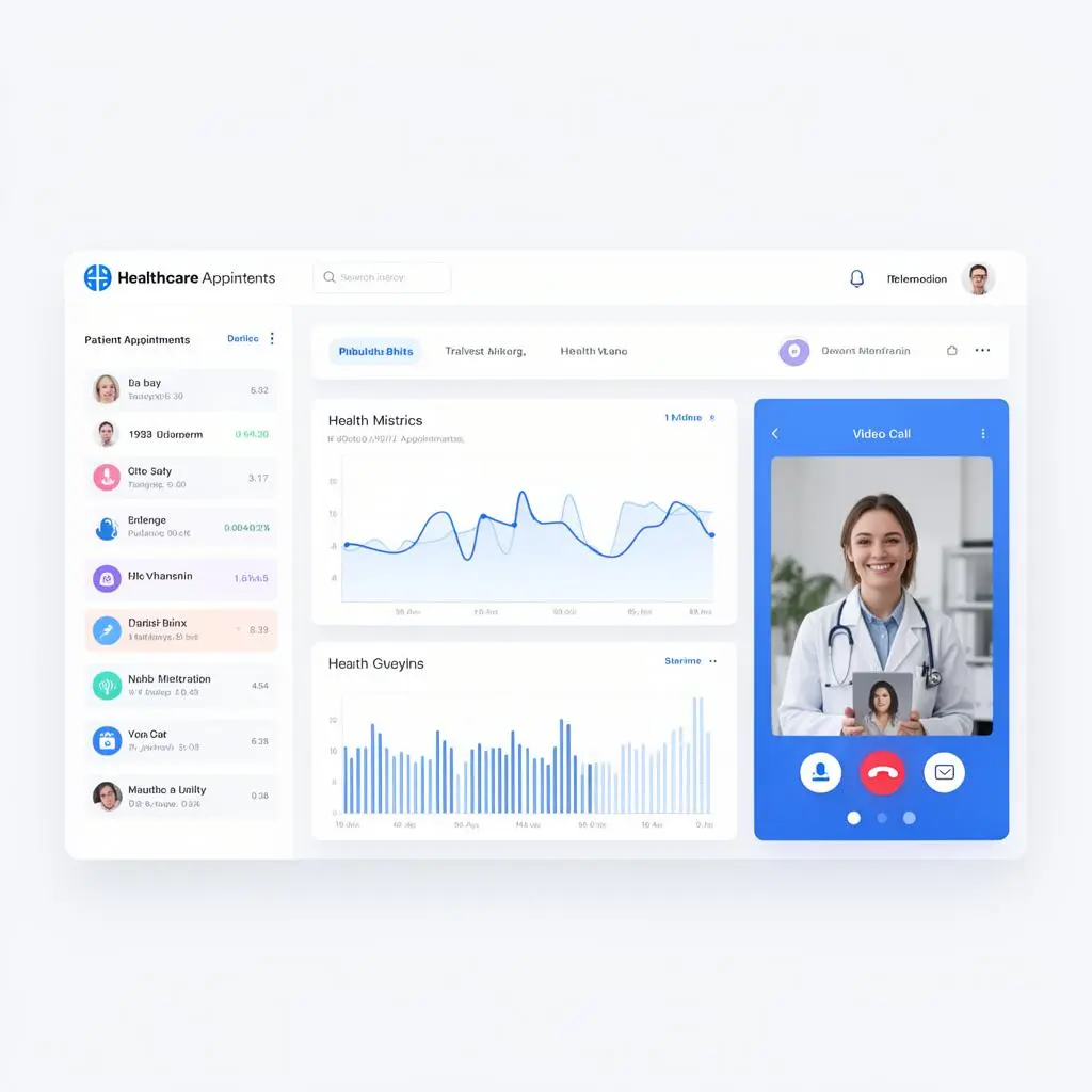 Healthcare Technology Dashboard showing patient appointments, health metrics, and telemedicine video interface