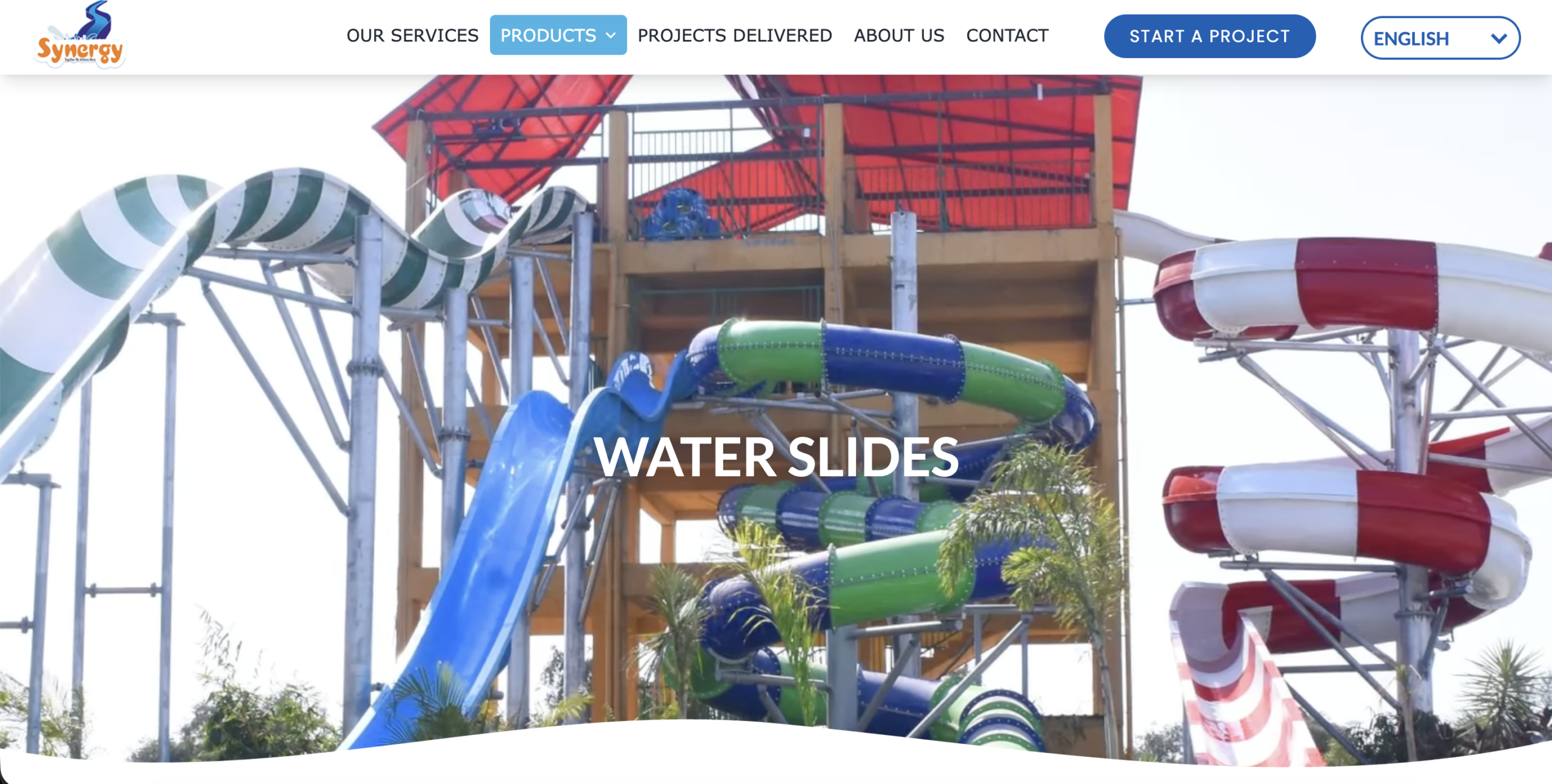 Synergy Waterslides WordPress website showcasing water slide manufacturing and water park projects