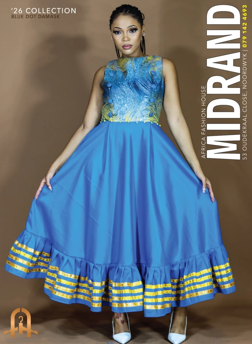 Africa Fashion House model in off-shoulder African dress