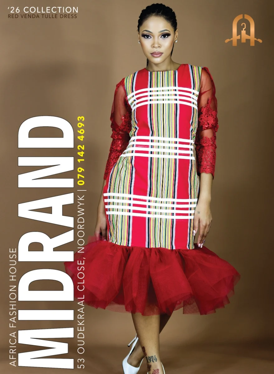 Africa Fashion House model in striped African design dress