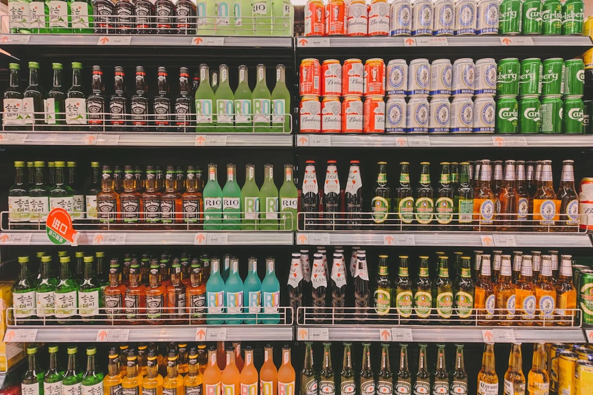 Well-stocked supermarket shelves